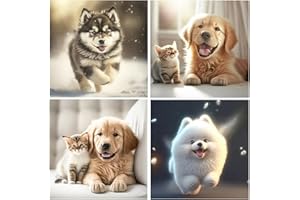 DCIDBEI Pintura de Diamante Animales Pack de 4 30x30cm Pintura de Diamante Perros y Gatos Punto de Cruz kit Completo Gato Diamante Pintura Gatos Gris Diamond Painting Perros Kit Diamantes Perro