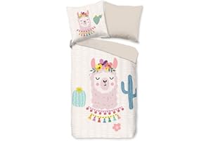 ‎AMINATA KIDS Aminata kids Bettwäsche Lama-Alpaka-Motiv 135x200 Kinder Lamabettwäsche Mädchen Baumwolle Jugendliche Teenager Reißverschluss Lamas beige Wende-Kinder-Bettwäsche-Set