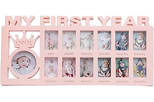 CYSOCOOL Cadre Photo bebe 12 Mois Cadre Photo Multi Photo Bébé Ma Première Année pour 13 Photos Pêle-mêle Cadre Photo Bébé pour Liste de Naissance, Cadeau de Bapteme pour 1er Anniversaire Fille Garcon