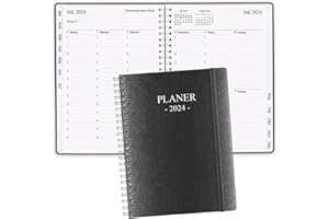 GETVOW 2024 Planer, Jan 2024 - Dez 2024 Wochenplaner mit Monatsregistern, Gesäßtasche, elastischer Verschluss, Doppeldrahtbindung, einfache Organisation des täglichen Lebens, 15,7×21cm, Black-PU
