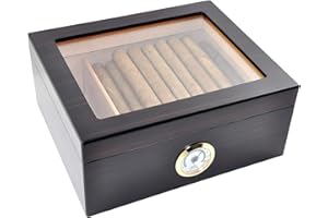 Eitida Cigar Humidors for 25-50 Cigars, Tempered Glass Display, Handmade Spanish Cedar Wood Storage Box with Divider, Humidifier and Hygrometer, Ebony Black