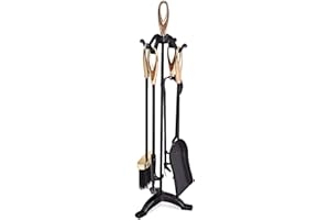 COSTWAY 5 Piece Fire Tools Set, Iron Fireplace Fireside Companion Brush, Poker, Shovel and Tong (Brass + Black)