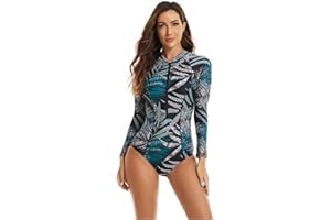 Beachkini Einteiliger Badeanzug für Damen, langärmlige Bademode mit Frontreißverschluss,Triangel-Badeanzug