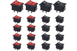 Senven 20Pcs Interrupteur à bascule, interrupteur à bascule mini AC, 2 broches 6A / 250V, 10A / 125V ON/OFF, pour automobile, marine, interrupteurs électroniques domestiques (rouge+10 noir+10)