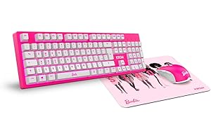 KROM BARBIE KANDY - Tastiera a Membrana LED Bianca, Mouse Sensore ottico 6400 DPI, Tappetino per mouse in gomma morbida e resistente, layout italiano, colore rosa