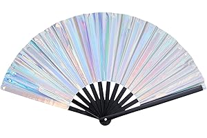 Mtbricey Abanico de Mano Rave Holográfico Plateado Abanico de Mano Clack Plegable Grande con Purpurina PVC Abanicos Chinos para Bodas Cumpleaños Baile Música Festival Rave Cosplay Fiesta Decoración