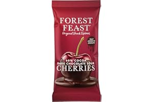FOREST FEAST 60% Cocoa Dark Chocolate Sour Cherries Pack 12 x 40g - Sweet Dried Cherries Chocolate Covered Fruit Snack with 60% Belgian Dark Chocolate, Gluten Free & Vegan Friendly Snack