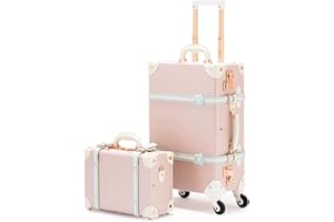 COTRUNKAGE Small Carry On Luggage Sets 2 Pieces, Vintage Hand Luggage Suitcase with Vanity Case, Cherry Pink, TSA-Approved, Cabin Size 13/20Inch