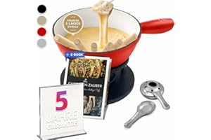 ‎OTTIA Ottia Fondue Set für 2, 3, 4, 5, 6 Personen aus Gusseisen & Emaille. Als Käsefondue, Fleischfondue, Schokofondue. Induktion geeignet, Schadstofffrei, mit Brenner+Gabeln+Rezeptbuch, Fondü-Set aus HH
