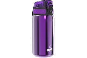 ION8 Butelka na Wodę dla Dzieci ze Lekki Stali, 400 ml/13 oz, Nieocieplany, Szczelna, Łatwa do Otwarcia, Bezpieczny Zamek, Można Myć w Zmywarce, Składany Uchwyt, Łatwa w Czyszczeniu, Fioletowy