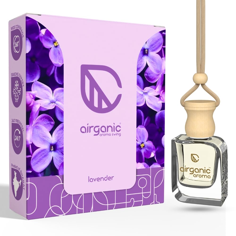 Airganic Aroma Swing - Lavender - 10 ml |Aroma with Essential Oils in Glass Bottle with Wooden Diffuser Lid|Car Freshners|Pre