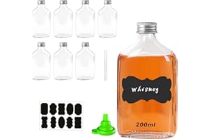 BSDYCL 200ml Glass Flask Bottles - 8 Pack Glass Bottles with Silver Screw Caps, Funnel, Labels and Pen - Reusable Empty glass bottles for wine, whisky or spirits- Superior Sealing, Durable and Sturdy