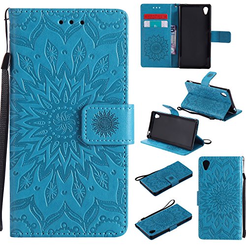 Sony Xperia M4 Hülle,Sony Xperia M4 Leder Sonnenblumen Hülle,Sony Xperia M4 Lanyard Wallet Schutzhülle,BONROY® Retro geprägte Sonnenblumen Muster PU Leder Flip Hülle Wallet Case Tasche Cover Handytasche Schutzhülle Lederhülle Handyhülle in Book Style Stand Case mit Kredit Kartenschlitz für Sony Xperia M4-blau