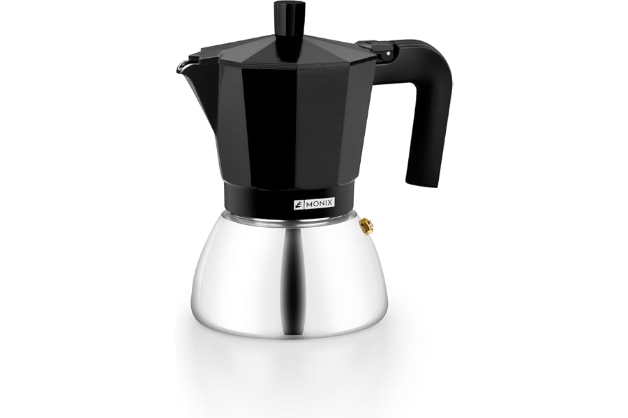 Monix Induction Inox | Cafetera Italiana, 6 tazas, color negro | Aluminio y Acero Inoxidable, 6 tazas de capacidad, Mang