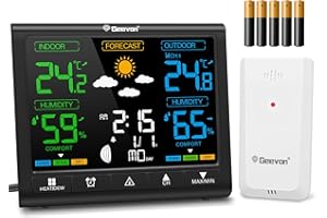 Geevon Weather Stations with Outdoor Sensor Wireless, Indoor Outdoor Thermometer with Comfort Indicator, HD Color Display Digital Alarm Clock, Adjustable Backlight (246250 with battery)