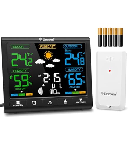 Konsen Draadloos weerstation met buitensensor, DCF-klok, kleurendisplay met grote cijfers van binnen- en buitentemperatuur, duurzame verlichting, weersvoorspelling, luchtdoorckweergave