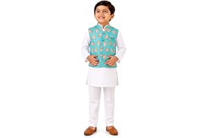 Boys Cotton Kurta Pajama with Printed Jacket | Traditional Ethnic Wear 3 Piece Outfit for Wedding, Festival, Birthday Party, Puja & Family Functions | Baby Boys Kurta Set