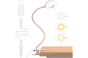 iZELL Lampa biurkowa LED 【3 tryby kolorów i 10 jasności】Klips do pielęgnacji oczu lampa zaciskowa z elastyczną gęsią szyją 40 cm, lampka pierścieniowa z wtyczką do domowego biura, dla dzieci,