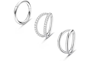 MILACOLATO 3PCS 16G Stainless Steel Nose Rings Hoop for Women Septum Clicker Nose RingsCZ Hinged Segment Septum Lip Nose Rings Helix Cartilage Daith Tragus Earrings Body Piercing Jewelry