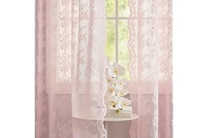 YJ YANJUN Floral Voile Curtains 72 Drop Pair Vintage Lace Curtains for Windows Rod Privacy Pretty Old House Nets Curtain Panels for Living Room office 132cm Width x 183cm Drop Light Pink