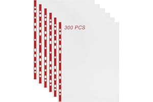 FWEEK 300 Pcs Punched Pockets A4 Clear 60 Micron Strong Plastic Wallet Sleeves, Top Opening Poly Pockets for Ring Binder Folders, Red Edge