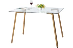 DORAFAIR Mesa de Comedor de Cristal Templado, Estilo Escandinavo Mesa de Cocina Rectangular con Patas de Metal de Grano de Madera
