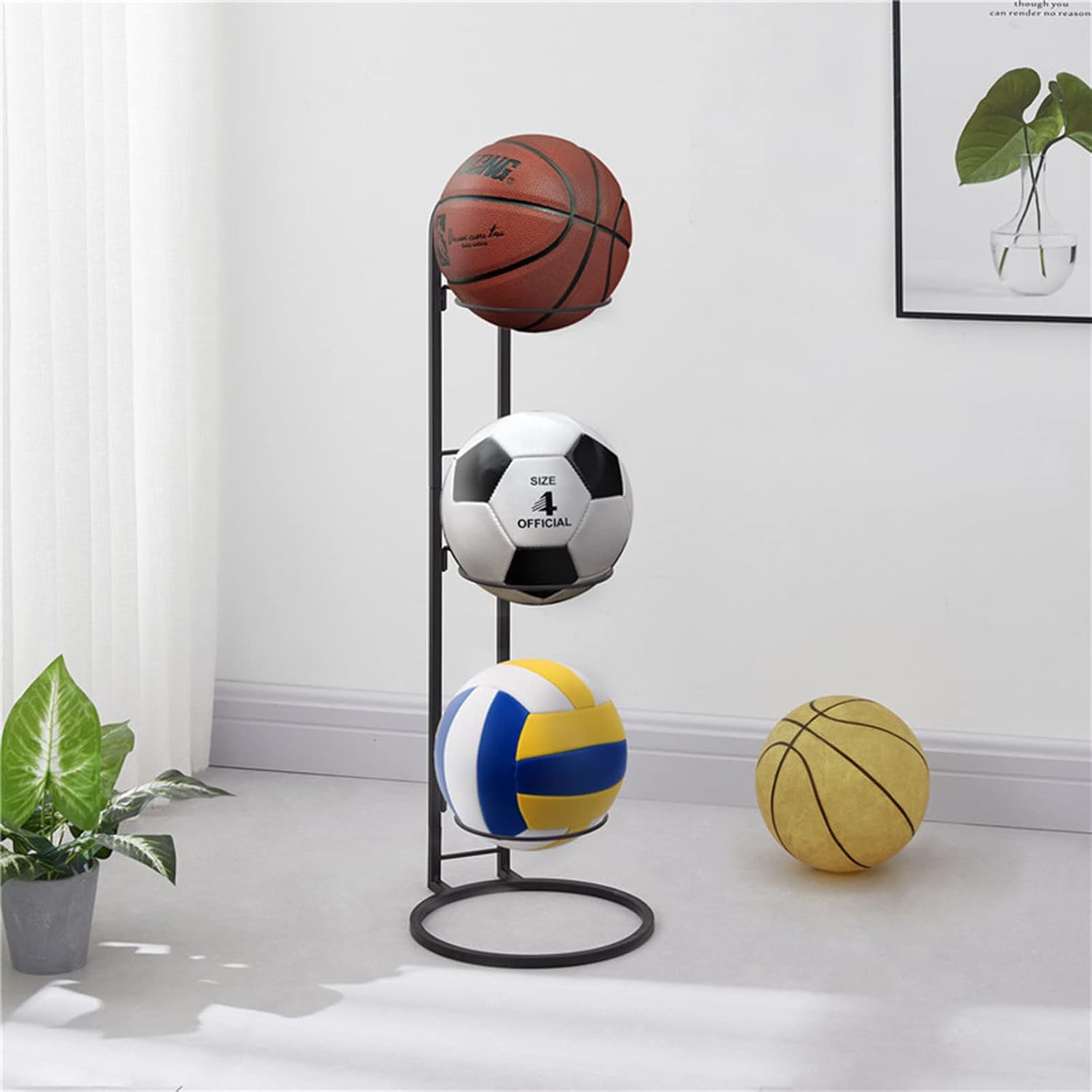 PEALOV Soporte para Balones De Baloncesto,Estante De Almacenamiento De Pelota De 3 Capas,Estante De Almacenamiento De Baloncesto,Soporte De Exhibición De Voleibol Vertical Interno Desmontable