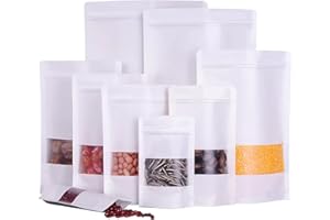 YOFADCI Buste Carta Kraft con Finestra, Applicabili a Noci, Chicchi di Caffè, Foglie di Tè, Spezie ecc., Bianco 17x28cm 50PZ