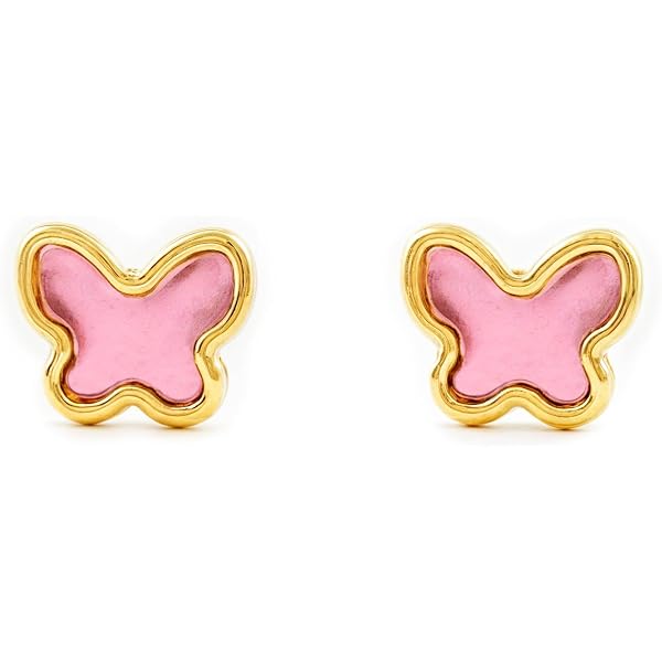Boucles D'Oreilles Enfant Papillon Émail Rose Or Jaune 9 Carats - Certificat & Coffret Cadeau