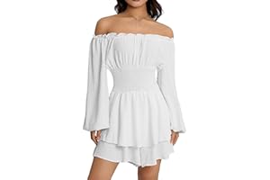 Qianderer Damen-Boho-Strampler, schulterfrei, Rüschenkleid mit Shorts, langärmelig, fließend, mehrlagig, Overall, Playsuits