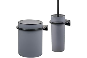 bremermann rundes 2tlg. Bad-Set Savona mit gummierter Softtouch-Oberfläche inkl. Wandhalterung zum Kleben oder Bohren, moderner Kosmetikeimer 5,5 Liter und WC-Garnitur aus Kunststoff (Grau)
