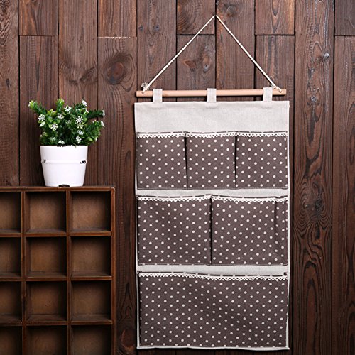 Hibote White Polka Dots Cotton Fabric Wall Door Cloth Hanging Storage Bag Case 6 Pocket Hanging bag Space Saver Gift Brown