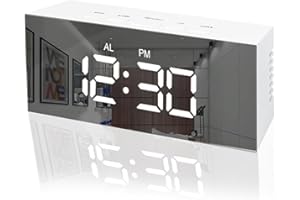 BSWL Mirror Alarm Clocks Bedside for Bedrooms,Digital Clock USB/Battery Operated with Large LED Display Digital Alarm Clocks Bedside Voice Control Adjustable Brightness with Temperature,Snooze,Date