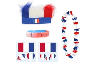 Unifree Coupe du Monde France Accessoire, France Supporter Kit avec France Perruque Football Bracelet Bâtons Tatouage Autocollants pour Coupe du Monde, Fête Nationale, Carnaval Accessoire