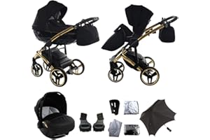 KEERCIGA Original Junama Diamond S-Line Reisesysteme Kinderwagen 2in1 3in1 4in1 Sonnenschirm + Originalzubehör Exclusive Prams (3in1, Schwarz-Gold 02)