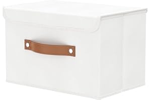 OUTBROS Caja de Almacenamiento plegable, grande Cesta con tapa, Contenedores de ropa de lino para ropa, para toallas, libros, 38 x 25 x 25 cm, Blanco, 1 unidades