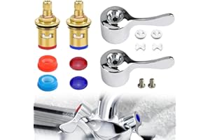 YQSIBTH 2 Set Replacement Tap Valves, Brass Ceramic Disc Cartridges Insert Set, Quarter Turn Tap Valves Cartridges with Metal Lever Heads Mixer Tap Cartridge Replacement for Sink Taps Kitchen Faucet