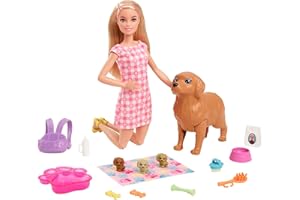 Barbie Doll and Accessories Playset with Blonde Doll, Mommy Dog, 3 Puppies and 11 Pieces, Newborn Pups Set, HCK75