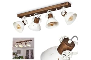 ‎HOFSTEIN Deckenleuchte Orny, Deckenlampe im Vintage-Design aus Metall/Holz in Weiß/Braun m. Lichtschlitzen, Leuchte m. Holzbalken, Textilkabeln und verstellbaren Strahlern, 4-flammig, E27, ohne Leuchtmittel
