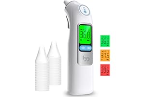 FEMOMETER FAMILY Thermomètre Auriculaire, Précision Professionnelle, Code d'alerte Fièvre à 3 couleurs, Mode Silencieux, Stockage des Lectures, avec 24 Couvre-Sondes Jetables Thermomètre pour Adultes et Bébés