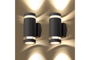 CELAVY Outdoor Wall Lights Up Down, Outside Wall Lights Mains Powered, IP65 Front Door Porch Light Aluminium, GU10 Exterior Electric Round LED Lighting Sconce Wall Mounted for House 2 Pack, Black