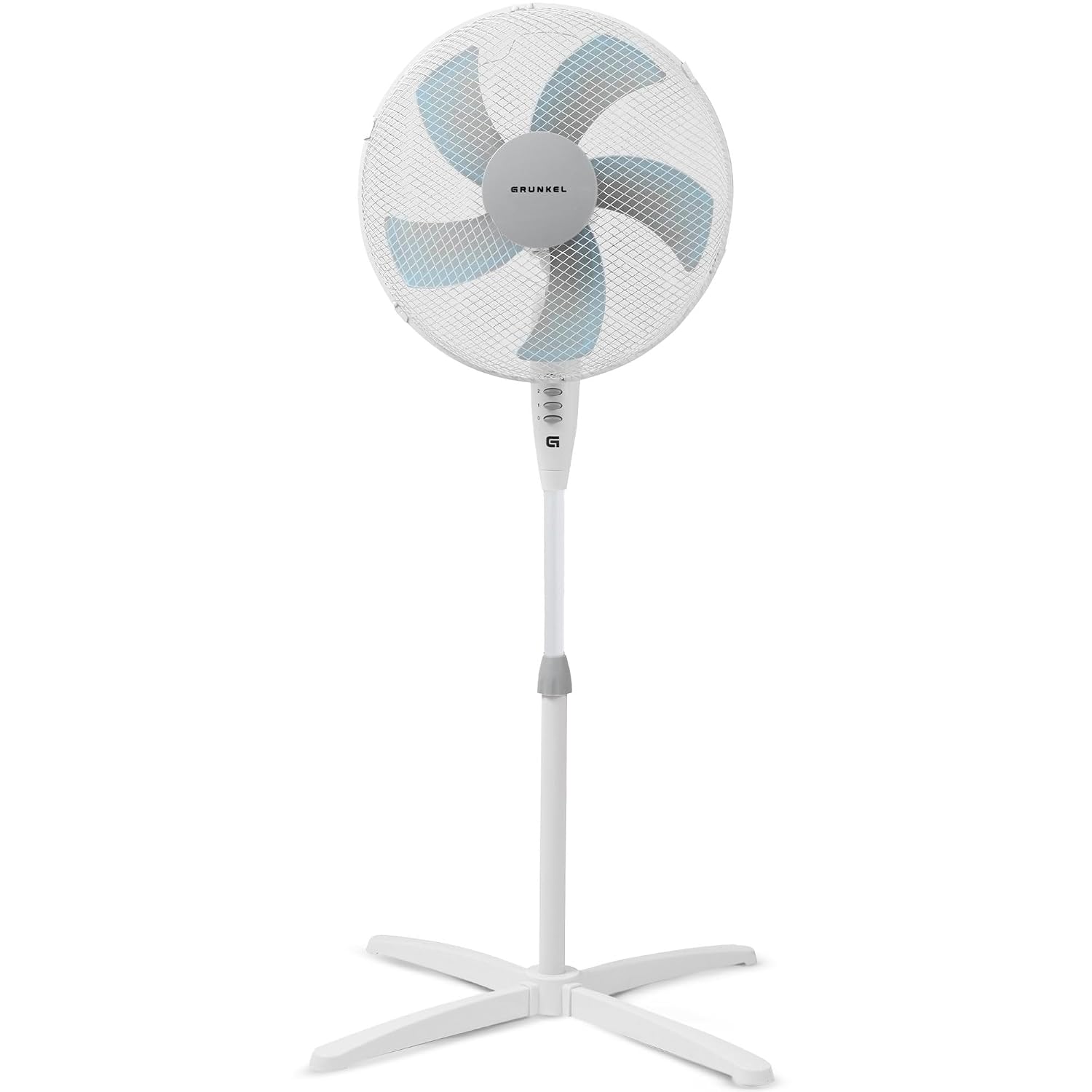 Grunkel Ventilador de Pie FAN-165 de 50W- 16" 40cm de diametro con 3 Velocidades y 5 aspas, Altura Regulable hasta 118cm. Cabezal inclinable, oscilación 90° y cable de 1,4m - 50W (Blanco)