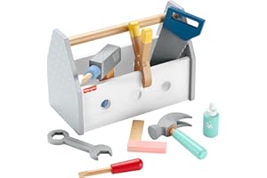 Fisher-Price - Set Attrezzi da Lavoro in Legno, Include 9 Strumenti tra Cui Vari Utensili e la Cassetta per riportli, per Il Gioco Creativo da Costruire, Giocattolo per Bambini, 3+ Anni, HYG50