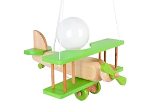 Hellux Kinderzimmer Deko Lampe aus Holz Mädchen & Junge Kinderlampe Kinderzimmerlampe Deckenlampe Kleines Flugzeug - Grün/Naturholz