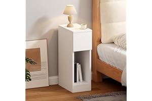 SANERY Slim Bedside Table Bedroom Nightstand with Open Shelf & Drawer, Narrow End Table Sofa Side Table for Living Room, Compact Wooden Lamp Table Telephone Table for Home Office, White
