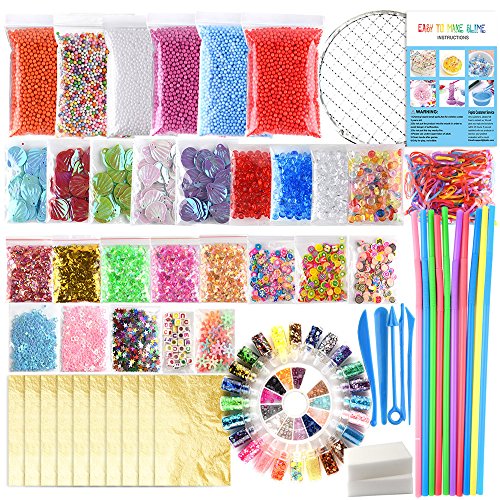 FEPITO 84 pcs Slime Kit Einschließlich Schaumbälle, Goldfischglasperlen, Netz, Schale, Schwammwürfel, Scheiben, Gummiband, Nachgemachtes Goldblatt, Zuckerpapier, Konfetti (Enthalten keinen Schleim)