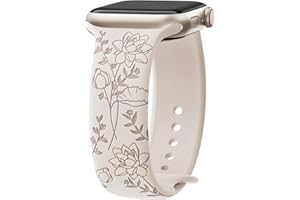 Yoohoo Floral Engraved Strap for Apple Watch Straps 38mm 40mm 41mm 42mm 44mm 45mm 46mm 49mm,Cute Flower and Soft Silicone Sport Band for iWatch Series 11 10 9 8 7 6 5 4 3 2 1 SE Ultra,Women,Starlight