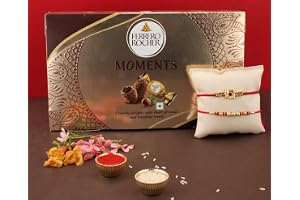 SFU E Com Rocher Moments with Set of 2 Rakhi|Rakhi Chocolate Gift Hamper|Rakhi with Chocolates|Roli, Chawal, Chandan, Misri|09,70 Grams