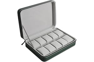 Guolich Caja de Almacenamiento de Reloj Caja de Soporte de Exhibición de Reloj Caja de Almacenamiento de Cuero PU Organizador de Colección de Joyas con Cremallera (10 Ranuras) Verde