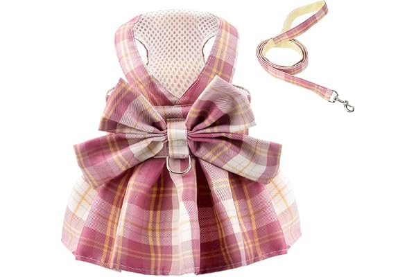 KUTKUT Polyester Plaid Dog Harness Dress with Leash Ring Bow Tie Harness Leash Set Wedding Dress Summer Tutu Dress Cute Walking Skirt (Size: 2XL, Adjustable Bust: 55cm), 1 Count